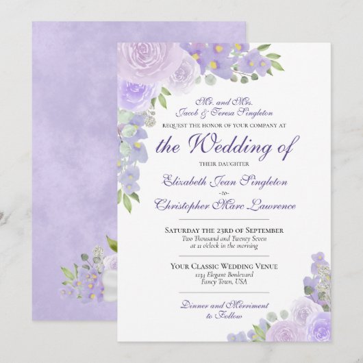 Invitation Lavande Purple Aquarelle Florale Mariage officiel (Devant / Derrière)