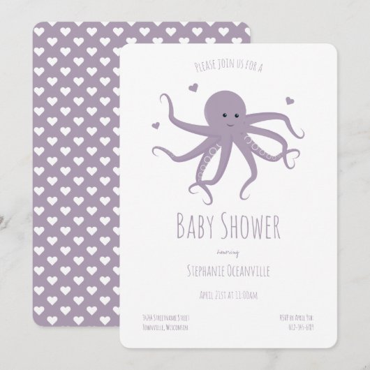 Invitation Lavande Purple Coeurs Octopus Baby shower de dessi (Devant / Derrière)