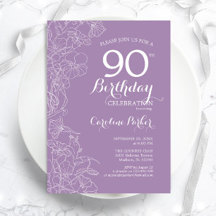 Invitation Lavande Purple Floral 90e fête d'anniversaire