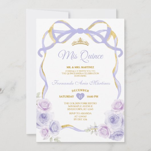 Invitation Lavande Purple Floral Bow Ribbon Or Mis Quince (Devant)