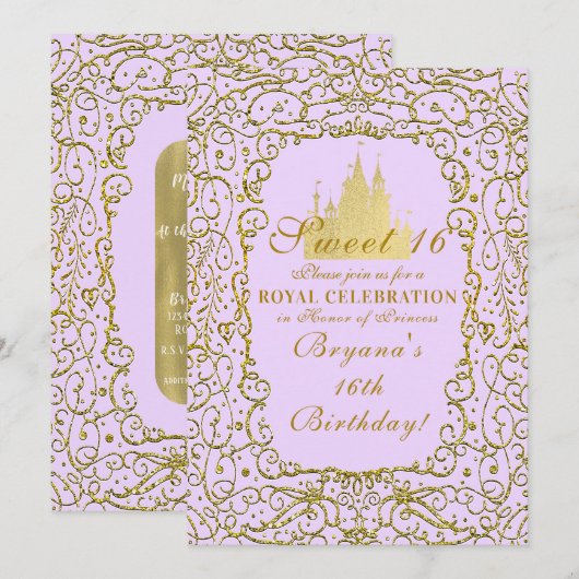 Invitation Lavande Purple & Gold Castle Princess Sweet 16 (Devant / Derrière)