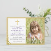 Invitation Lavande Purple Gold First Holy Communion Photo (Debout devant)