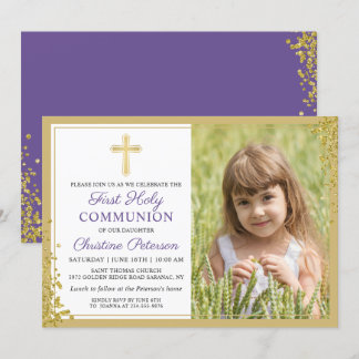 Invitation Lavande Purple Gold First Holy Communion Photo
