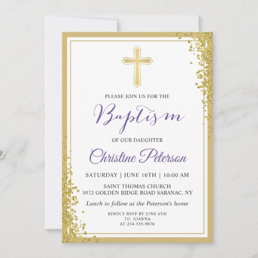 Invitation Lavande Purple Gold Parties scintillant fille Bapt (Devant)