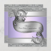 Invitation Lavande Purple Silver Croix Filles Première Commun (Devant / Derrière)