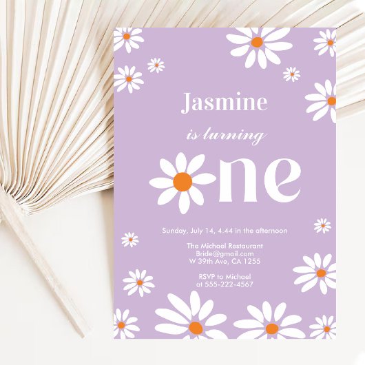 Invitation Lavande Retro Super Daisy Florals 1er anniversaire