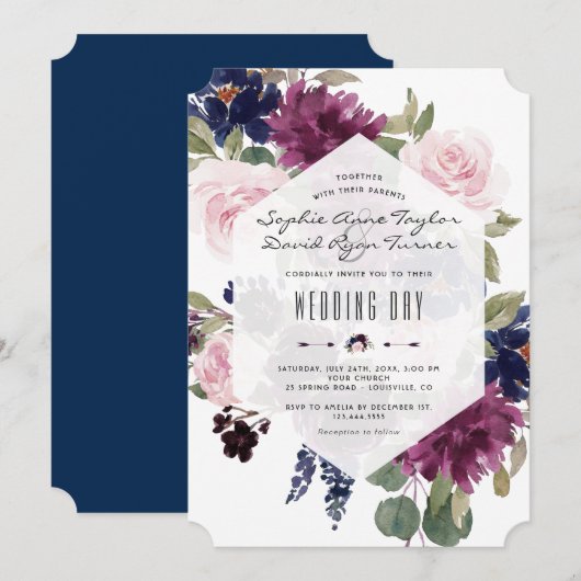 Invitation Lavande romantique Marine Bleu Floral Mariage (Devant / Derrière)