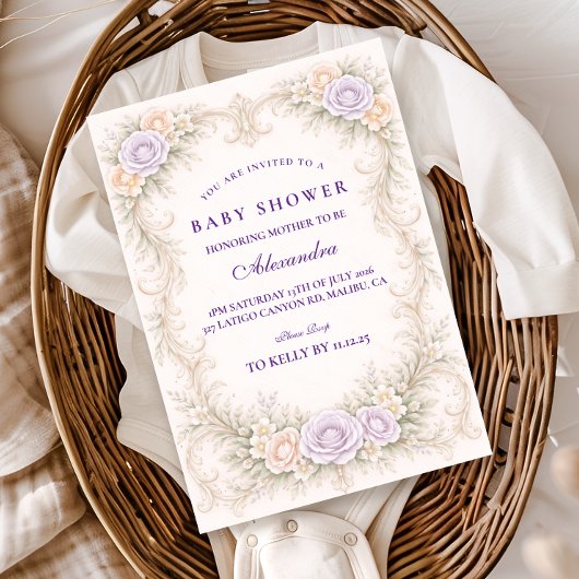Invitation Lavande Rose Baptême Orné de Bébé