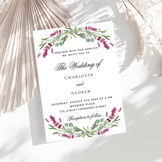 Invitation Lavande rose florale mariage vert