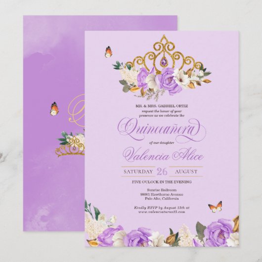 Invitation Lavande Rose Gold Princess Butterfly Quinceañera (Devant / Derrière)