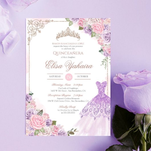 Invitation Lavande rose pâle violet élégant Quinceanera