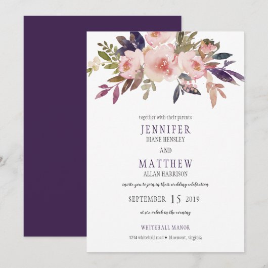 Invitation Lavande rose poire Mariage floral violet| (Devant / Derrière)