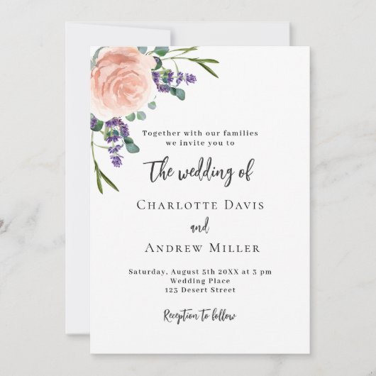 Invitation lavande rose verdure fleurie code QR mariage RSVP (Devant)