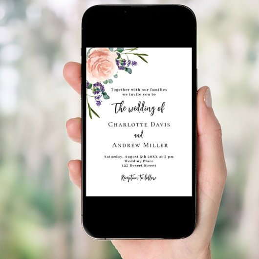 Invitation lavande rose verdure fleurie code QR mariage RSVP