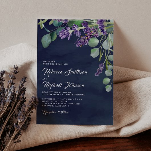 Invitation Lavande rustique et Mariage bleu Eucalyptus Navy
