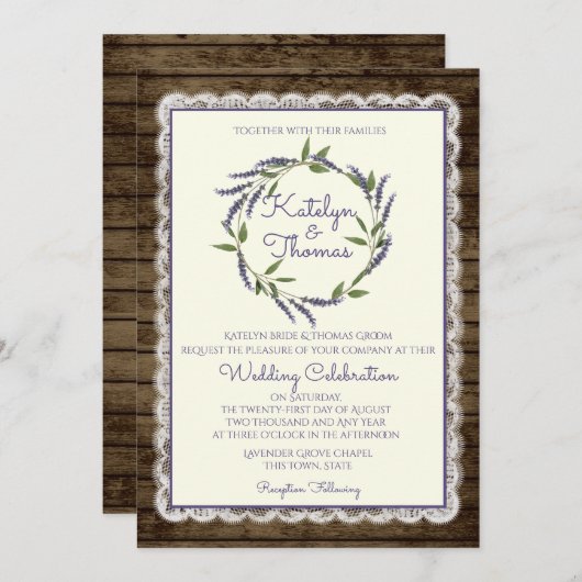 Invitation Lavande rustique et Mariage de dentelle (Devant / Derrière)