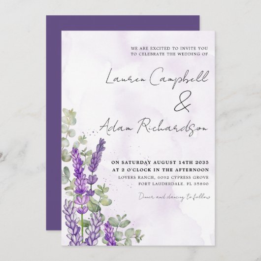 Invitation Lavande rustique et Mariage Eucalyputus (Devant / Derrière)