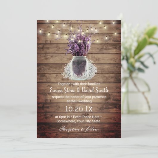 Invitation Lavande Rustique Floral Jar String Mariage (Debout devant)