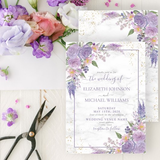 Invitation Lavande Rustique Lilac Marbre or Mariage Floral