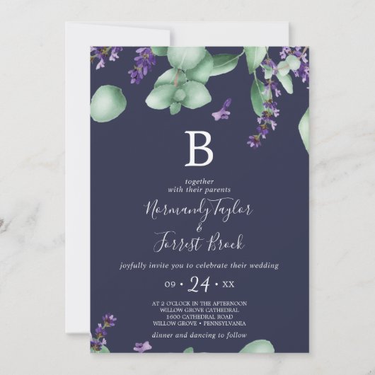 Invitation Lavande rustique | Mariage de monogramme bleu mari (Devant)