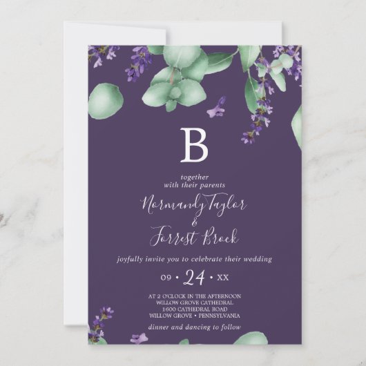 Invitation Lavande rustique | Mariage de monogramme violet (Devant)