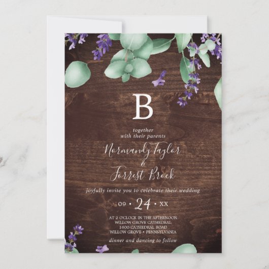 Invitation Lavande rustique | Mariage Monogramme en bois (Devant)