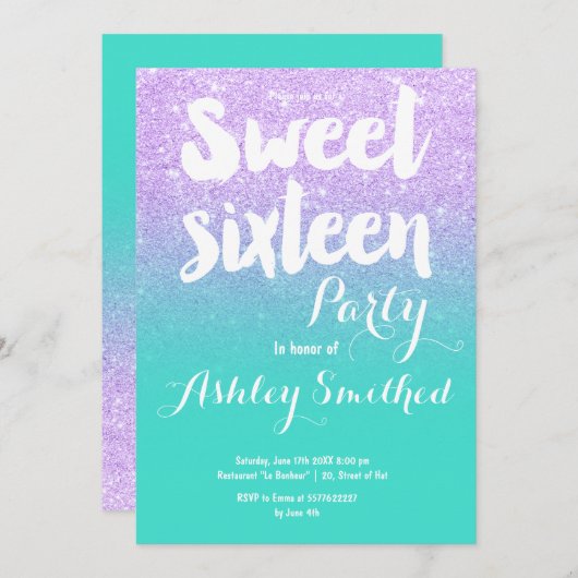 Invitation Lavande turquoise typographie parties scintillant  (Devant / Derrière)