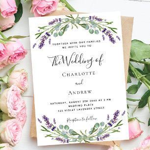 Invitation Lavande verdure fleurons violets script mariage