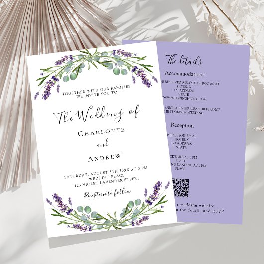 Invitation Lavande vert violet QR RSVP détails mariage