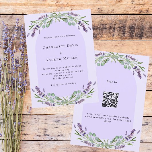 Invitation Lavande violet arche florale QR RSVP mariage de lu