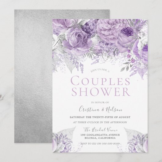 Invitation Lavande Violet Argent floral Fête de Couple (Devant / Derrière)