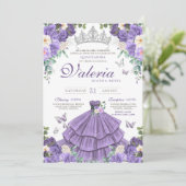 Invitation Lavande violet argent Rose papillon Quinceanera (Debout devant)