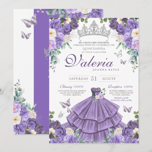 Invitation Lavande violet argent Rose papillon Quinceanera (Devant / Derrière)