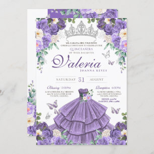 Invitation Lavande violet argent Rose papillon Quinceanera
