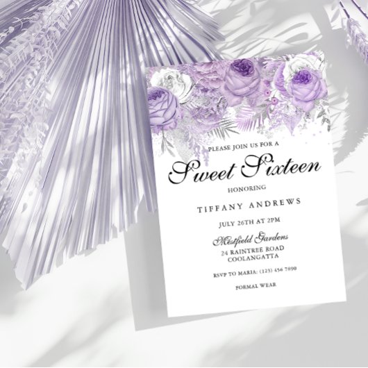 Invitation Lavande violet blanc Fleurs d'argent doux 16