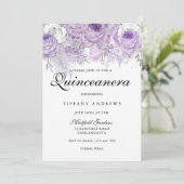 Invitation Lavande violet blanc Fleurs d'argent Quinceanera (Debout devant)