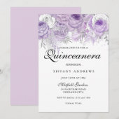 Invitation Lavande violet blanc Fleurs d'argent Quinceanera (Devant / Derrière)