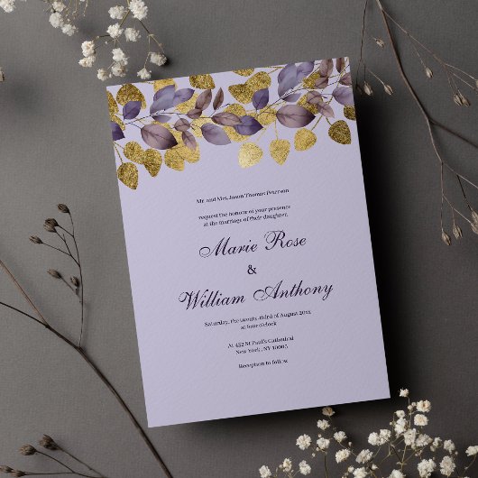 Invitation Lavande violet brun feuille or Mariage floral