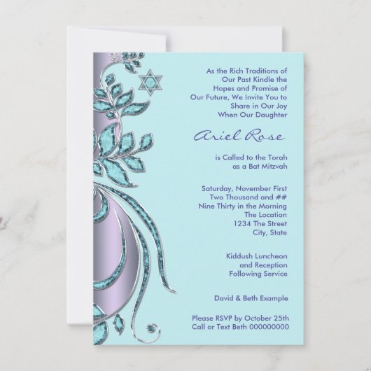 Invitation Lavande violet et Bat mitzvah bleu Turquoise (Devant)