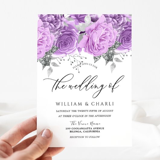 Invitation Lavande violet et Mariage floral argenté