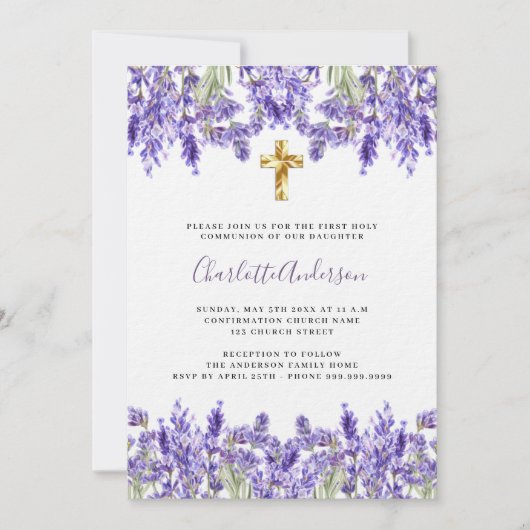 Invitation Lavande violet fleurons luxe Première communion (Devant)