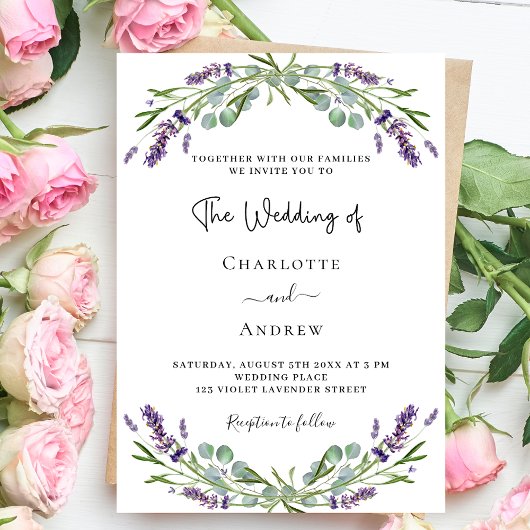 Invitation Lavande violet fleurons verdure mariage