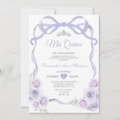 Invitation Lavande Violet Floral Bow Frame Argent Mis Quince (Devant)