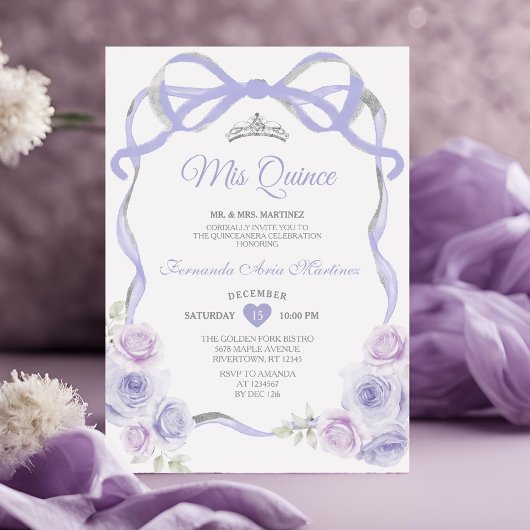 Invitation Lavande Violet Floral Bow Frame Argent Mis Quince