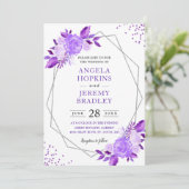 Invitation Lavande violet Floral moderne Argent Mariage (Debout devant)