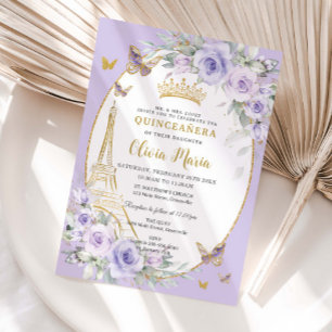 Invitation Lavande Violet Floral Papillons Quinceañera 16