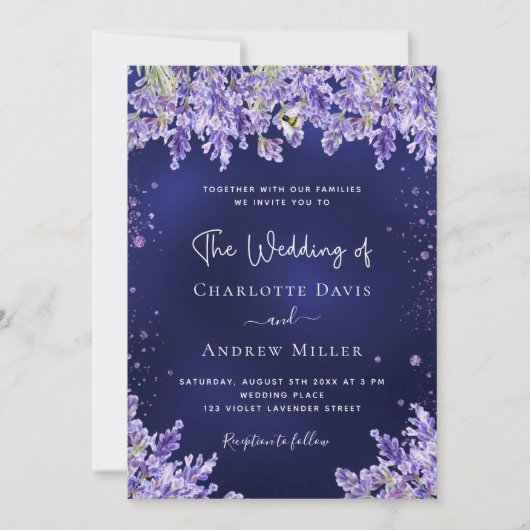 Invitation Lavande violet florales marine bleu luxe mariage (Devant)