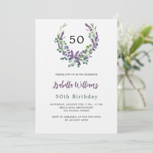 Invitation Lavande violet florales verdure luxe anniversaire (Debout devant)