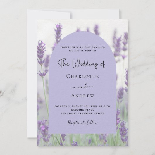 Invitation Lavande violet floraux arc photo luxe mariage (Devant)