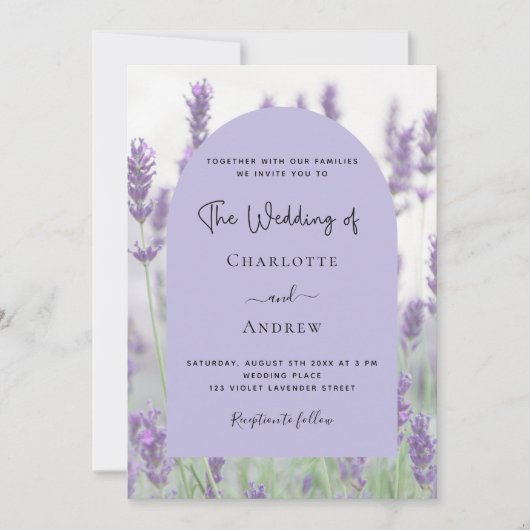 Invitation Lavande violet floraux arc QR code RSVP mariage (Devant)